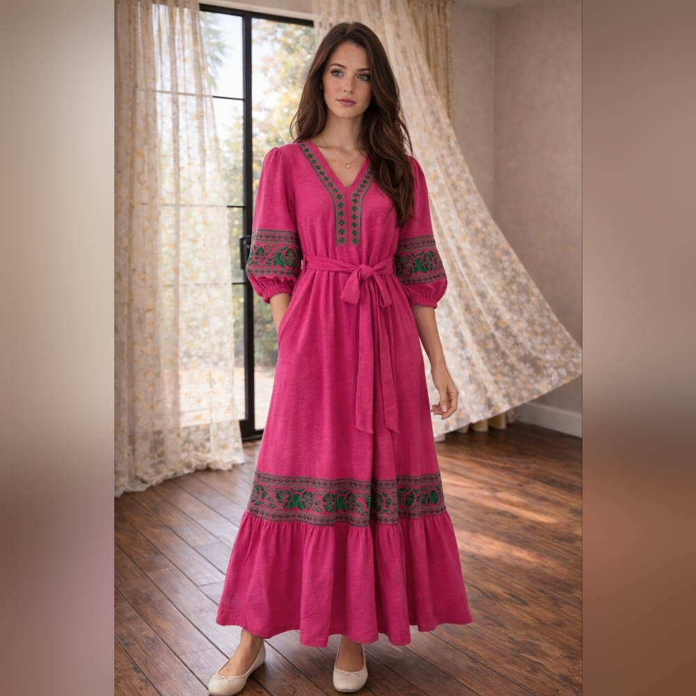 Boden Pink Embroidered Midi Dress Belted Cotton Size 4